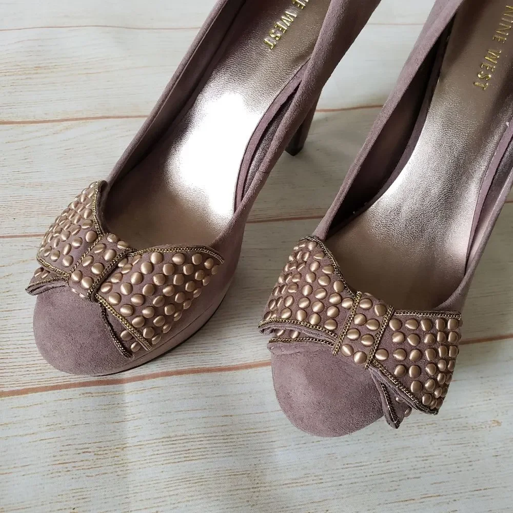 Nine West Memorie Suede Leather Round Toe Bow Platform Heels Pink Size 7 1/2M